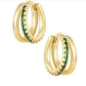 Double Huggie Earrings Green Cubic Zirconia 18K Gold on Sterling Silver PRETTY